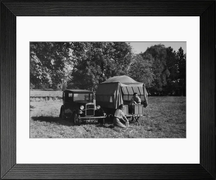 Framed Print : 1931 Austin 7 with trailer tent. Creator: Unknown Framed Print : 1931 Austin 7 with trailer tent. Creator: Unknown