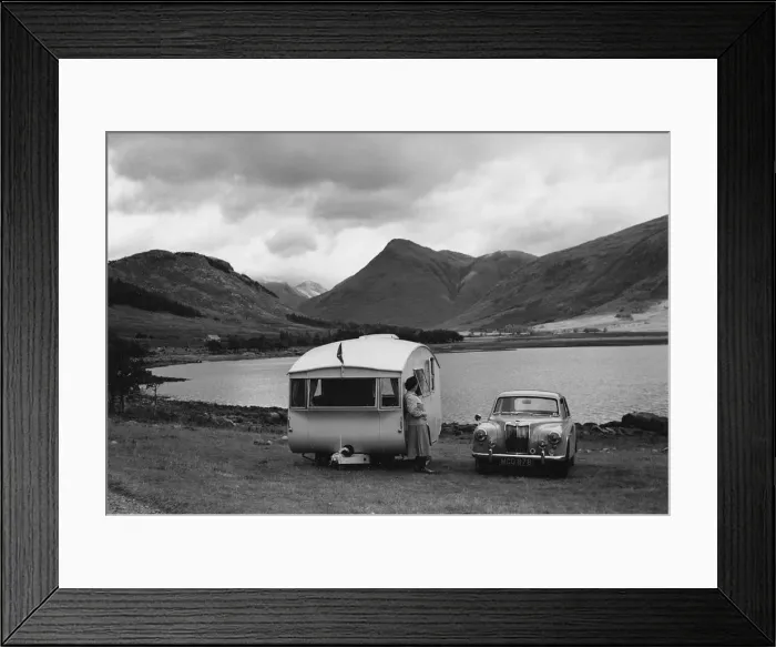 Framed Print : 1955 MG ZA Magnette with 1954 Pipit Caravan. Creator: Unknown Framed Print : 1955 MG ZA Magnette with 1954 Pipit Caravan. Creator: Unknown