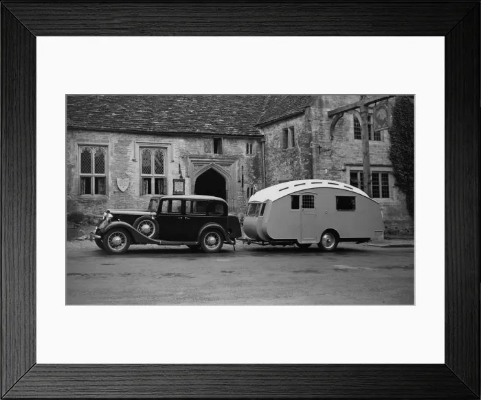 Framed Print : 1935 Austin Light 13. 9 Ascot saloon with Winchestr Royal caravan. Creator: Unknown Framed Print : 1935 Austin Light 13. 9 Ascot saloon with Winchestr Royal caravan. Creator: Unknown