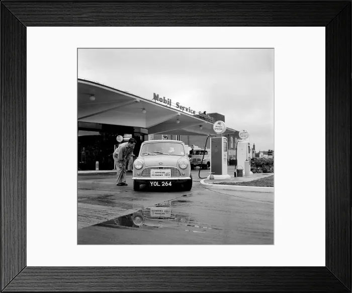 Framed Print : Mini on the 1959 Mobil Economy Run, re- fuelling. Creator: Unknown Framed Print : Mini on the 1959 Mobil Economy Run, re- fuelling. Creator: Unknown