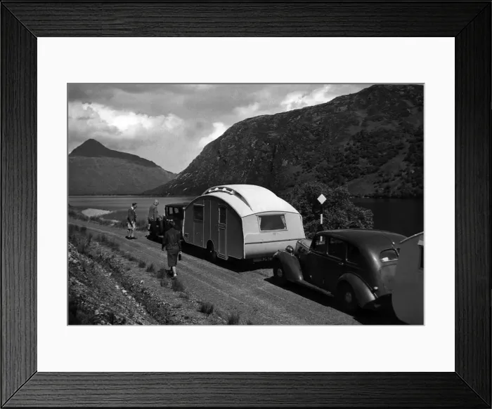 Framed Print : Group of cars and caravans camping in Scottish Highlands 1930 s. Creator: Unknown Framed Print : Group of cars and caravans camping in Scottish Highlands 1930 s. Creator: Unknown