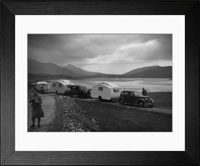 Framed Print : Group of cars and caravans camping in Scottish Highlands 1930 s. Creator: Unknown Framed Print : Group of cars and caravans camping in Scottish Highlands 1930 s. Creator: Unknown