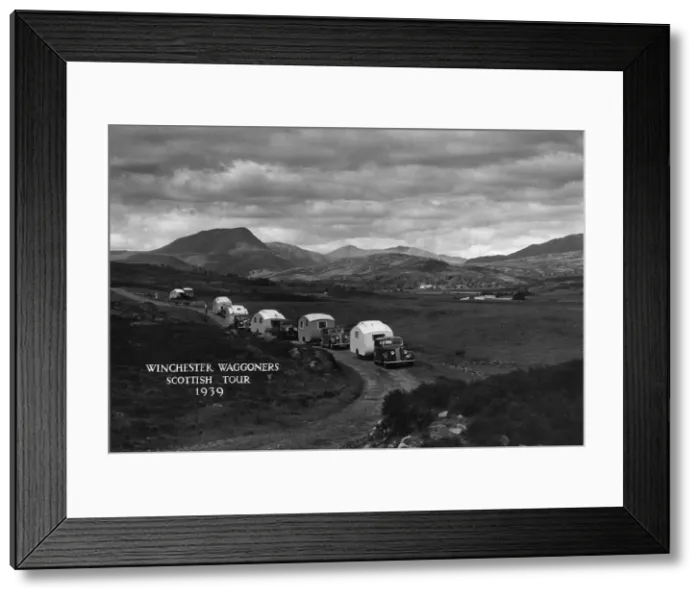 Framed Print : Group of cars and caravans camping in Scottish Highlands 1930 s. Creator: Unknown Framed Print : Group of cars and caravans camping in Scottish Highlands 1930 s. Creator: Unknown