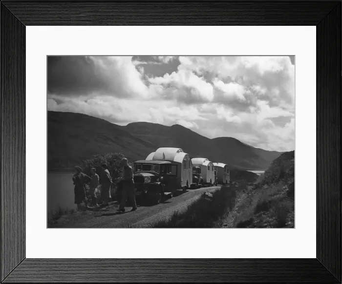 Framed Print : Group of cars and caravans camping in Scottish Highlands 1930 s. Creator: Unknown Framed Print : Group of cars and caravans camping in Scottish Highlands 1930 s. Creator: Unknown