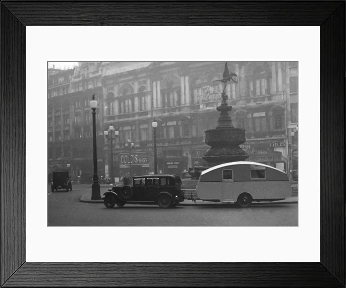 Framed Print : 1930 Morris Oxford Six with Winchester Streamline caravan, Picadilly. Creator: Unknown Framed Print : 1930 Morris Oxford Six with Winchester Streamline caravan, Picadilly. Creator: Unknown