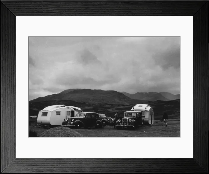 Framed Print : Group of cars and caravans camping in Scottish Highlands 1930 s. Creator: Unknown Framed Print : Group of cars and caravans camping in Scottish Highlands 1930 s. Creator: Unknown