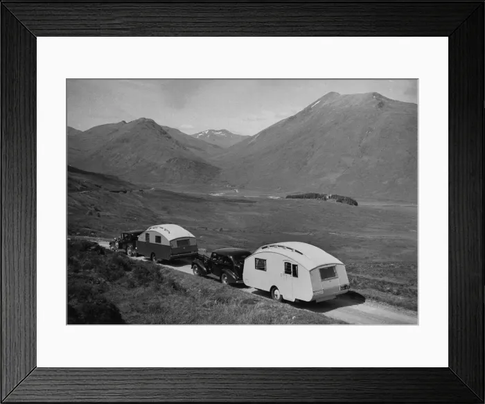 Framed Print : 1936 Austin Twenty with caravan and 1936 Oldsmobile Eight with caravan. Creator: Unknown Framed Print : 1936 Austin Twenty with caravan and 1936 Oldsmobile Eight with caravan. Creator: Unknown