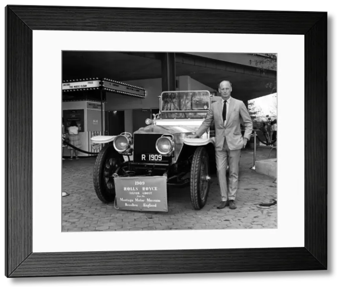 Framed Print : Lord Montagu with 1909 Rolls - Royce Silver Ghost at 1964 Worlds Fair, New York. Creator: Unknown Framed Print : Lord Montagu with 1909 Rolls - Royce Silver Ghost at 1964 Worlds Fair, New York. Creator: Unknown