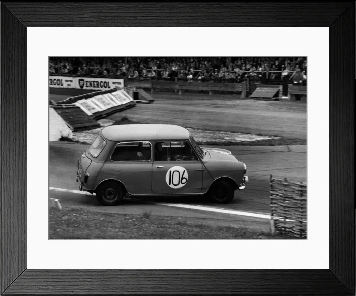 Framed Print : Morris Mini skidding at chicane, Goodwood 1961. Creator: Unknown Framed Print : Morris Mini skidding at chicane, Goodwood 1961. Creator: Unknown