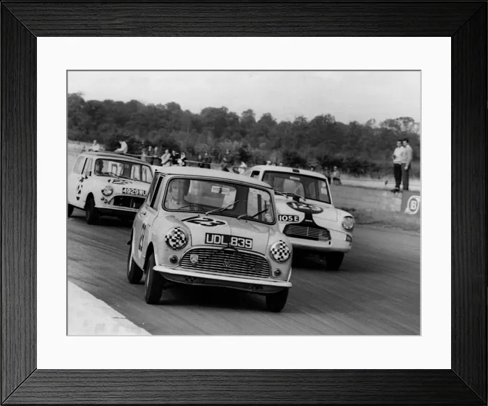 Framed Print : 1961 Austin Mini driven by J. Gibson at Silverstone. Creator: Unknown Framed Print : 1961 Austin Mini driven by J. Gibson at Silverstone. Creator: Unknown