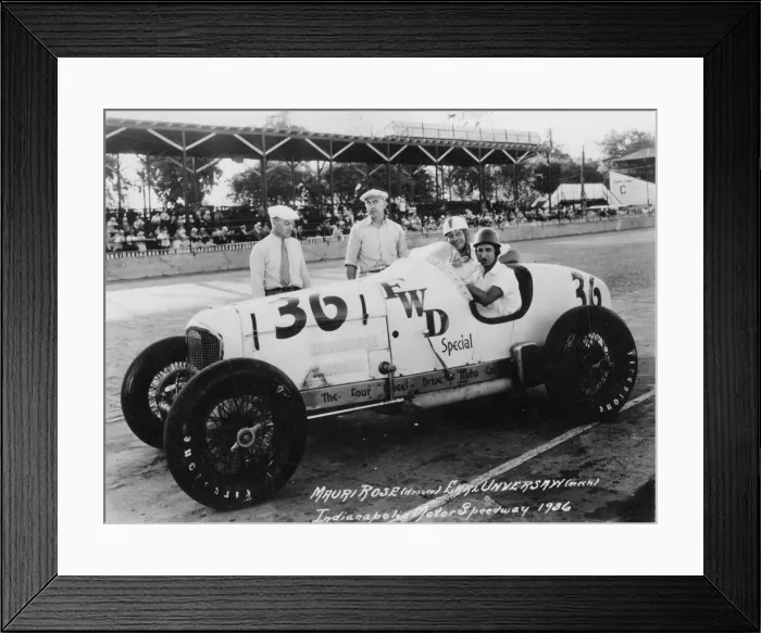 Framed Print : 1936 Miller FWD driven by Rose with Mechanic Unversaw at Indianapolis. Creator: Unknown Framed Print : 1936 Miller FWD driven by Rose with Mechanic Unversaw at Indianapolis. Creator: Unknown