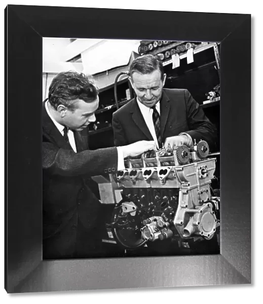 Keith Duckworth (left) with Harley Copp and Ford Formula II engine 1966. Creator: Unknown