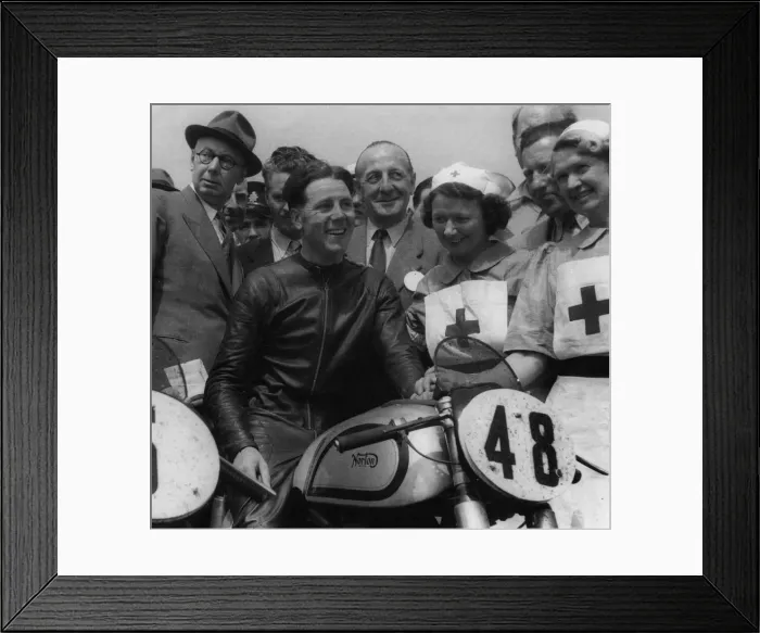 Framed Print : Geoff Duke on Norton, with nurses after race in 1951. Creator: Unknown Framed Print : Geoff Duke on Norton, with nurses after race in 1951. Creator: Unknown