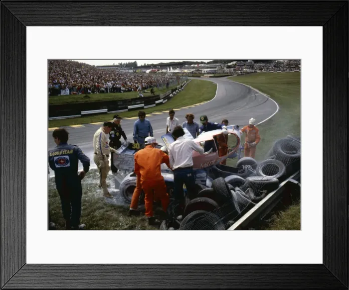 Framed Print : Osella - Alfa Romeo, Jo Gartner, crashed on first lap 1984 British Grand Prix. Creator: Unknown Framed Print : Osella - Alfa Romeo, Jo Gartner, crashed on first lap 1984 British Grand Prix. Creator: Unknown