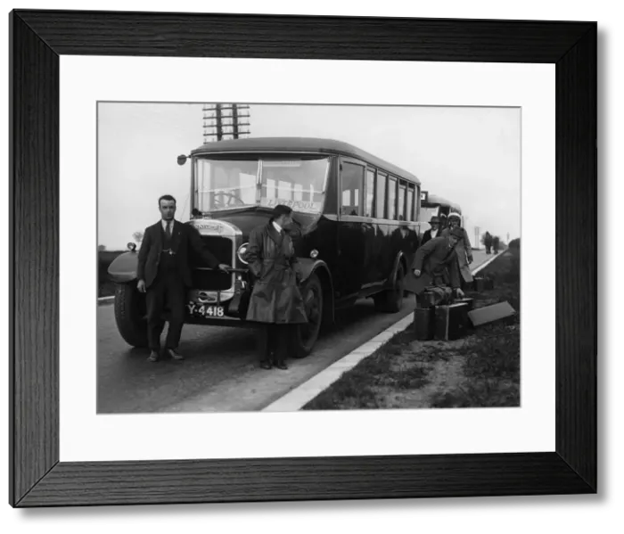 Framed Print : 1928 Thornycroft bus with passengers. Creator: Unknown Framed Print : 1928 Thornycroft bus with passengers. Creator: Unknown