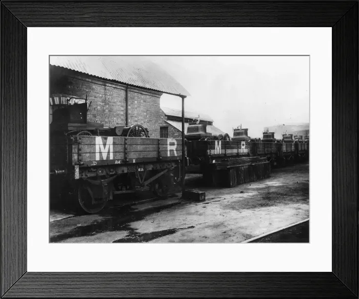 Framed Print : 1899 Daimlers being transported by rail from factory. Creator: Unknown Framed Print : 1899 Daimlers being transported by rail from factory. Creator: Unknown