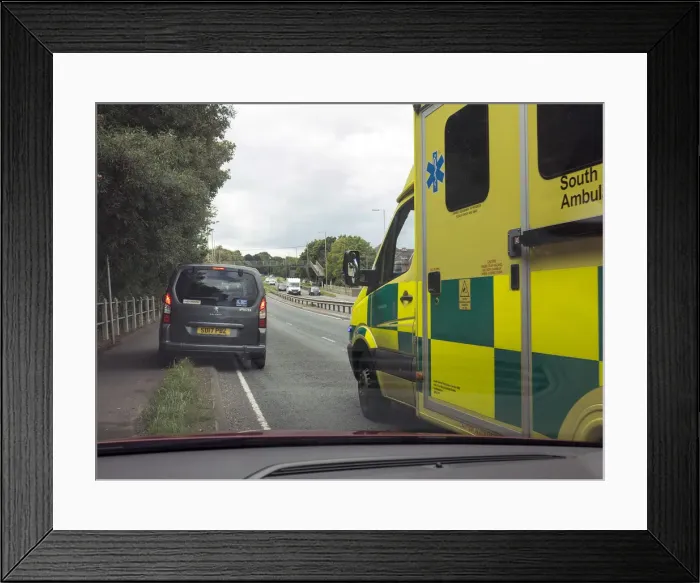 Framed Print : Ambulance attending road traffic accident, A35 Hampshire 2017. Creator: Unknown Framed Print : Ambulance attending road traffic accident, A35 Hampshire 2017. Creator: Unknown