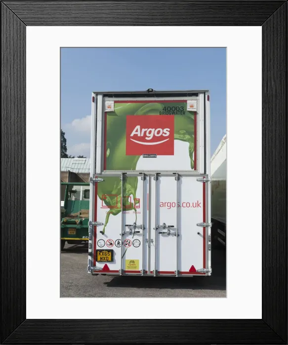 Framed Print : Rear of Argos lorry showing safety pictograms 2016. Creator: Unknown Framed Print : Rear of Argos lorry showing safety pictograms 2016. Creator: Unknown