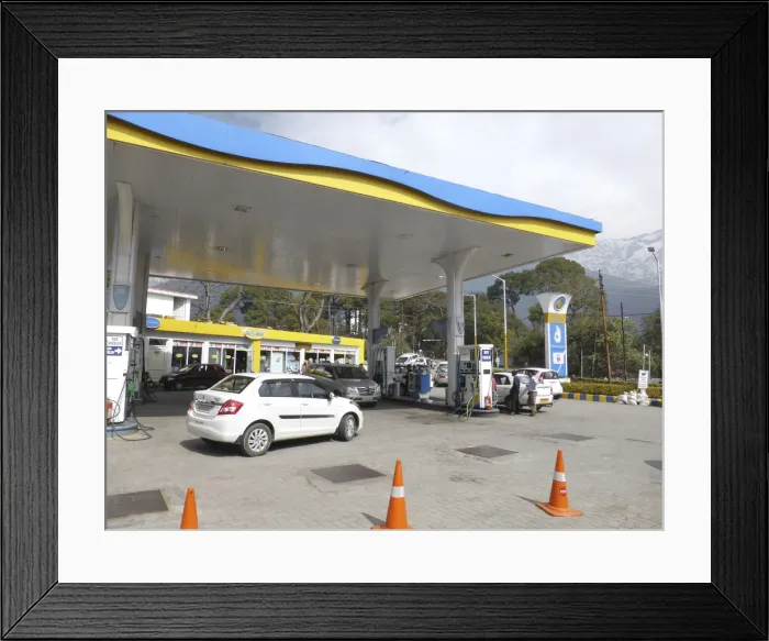 Framed Print : Cars re-fuelling at petrol station Dharamshala Himachal Pradesh. Creator: Unknown Framed Print : Cars re-fuelling at petrol station Dharamshala Himachal Pradesh. Creator: Unknown