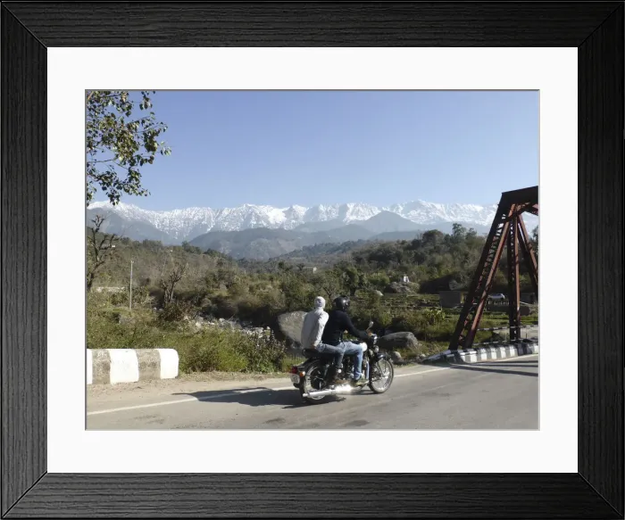 Framed Print : Motorcycle on road near Dhauladar Mountains Himachal Pradesh. Creator: Unknown Framed Print : Motorcycle on road near Dhauladar Mountains Himachal Pradesh. Creator: Unknown