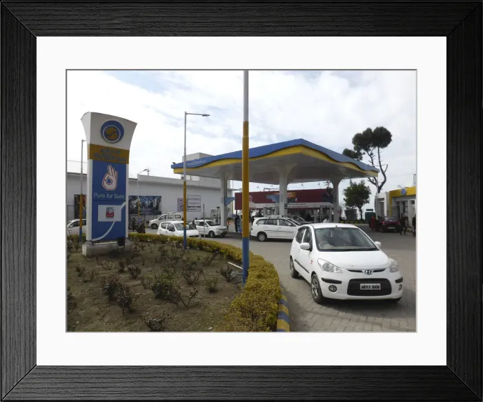 Framed Print : Cars re-fuelling at petrol station Dharamshala Himachal Pradesh. Creator: Unknown Framed Print : Cars re-fuelling at petrol station Dharamshala Himachal Pradesh. Creator: Unknown