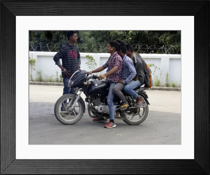 Framed Print : Motorcyclist with passengers, Uttarakhand India. Creator: Unknown Framed Print : Motorcyclist with passengers, Uttarakhand India. Creator: Unknown
