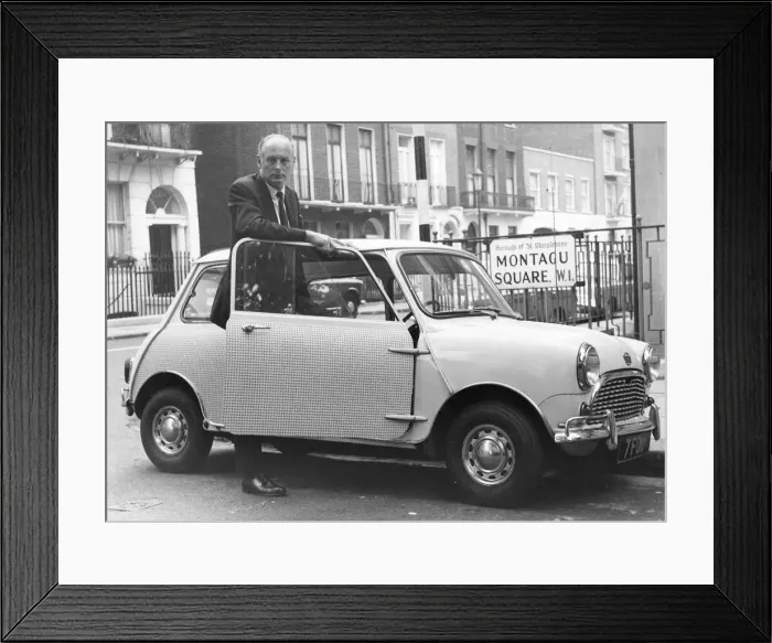 Framed Print : Lord Montagu with Mini in London, mid 1960 s. Creator: Unknown Framed Print : Lord Montagu with Mini in London, mid 1960 s. Creator: Unknown