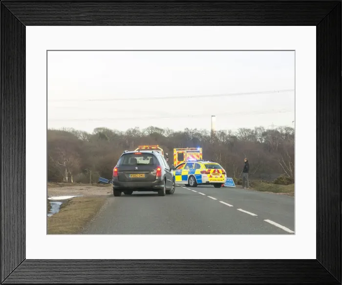 Framed Print : Police car and ambulance attending road traffic accident 2018. Creator: Unknown Framed Print : Police car and ambulance attending road traffic accident 2018. Creator: Unknown