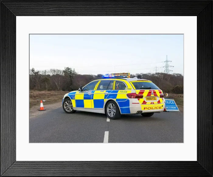 Framed Print : Police car and ambulance attending road traffic accident 2018. Creator: Unknown Framed Print : Police car and ambulance attending road traffic accident 2018. Creator: Unknown