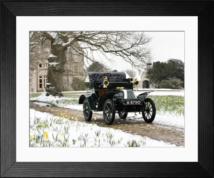 Framed Print : 1904 De Dion Bouton model Q in snow with daffodils at Beaulieu. Creator: Unknown Framed Print : 1904 De Dion Bouton model Q in snow with daffodils at Beaulieu. Creator: Unknown