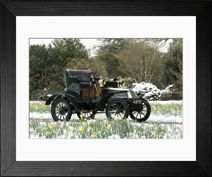 Framed Print : 1904 De Dion Bouton model Q in snow with daffodils at Beaulieu. Creator: Unknown Framed Print : 1904 De Dion Bouton model Q in snow with daffodils at Beaulieu. Creator: Unknown