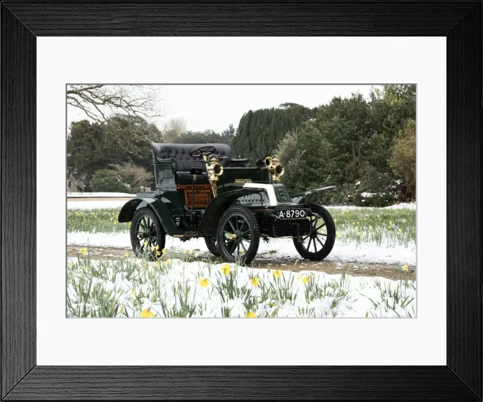 Framed Print : 1904 De Dion Bouton model Q in snow with daffodils at Beaulieu. Creator: Unknown Framed Print : 1904 De Dion Bouton model Q in snow with daffodils at Beaulieu. Creator: Unknown