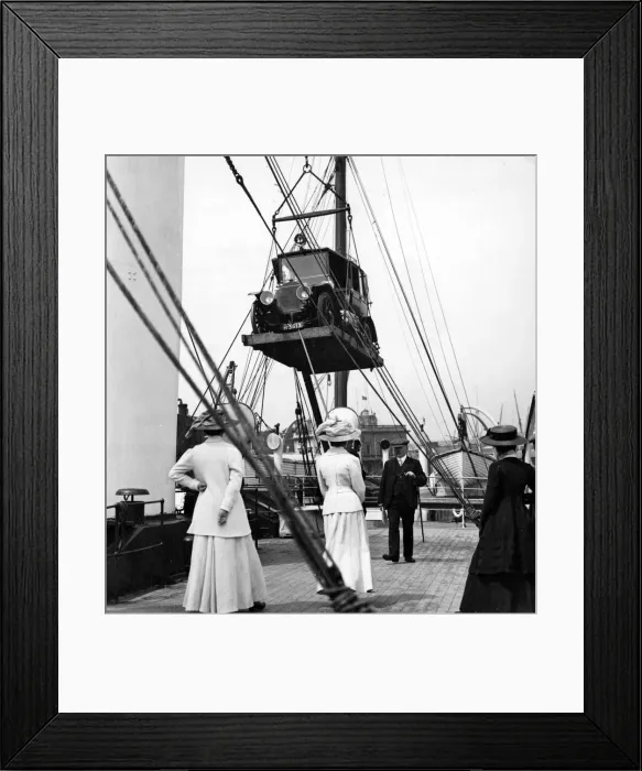 Framed Print : 1910 Mercedes being craned onboard ship. Creator: Unknown Framed Print : 1910 Mercedes being craned onboard ship. Creator: Unknown