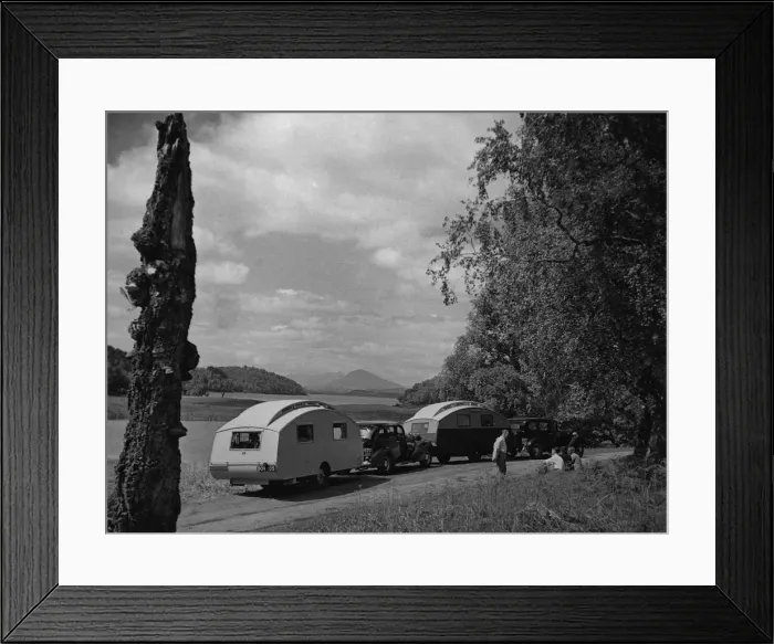 Framed Print : 1936 Austin Twenty with caravan and 1936 Oldsmobile Eight with caravan. Creator: Unknown Framed Print : 1936 Austin Twenty with caravan and 1936 Oldsmobile Eight with caravan. Creator: Unknown