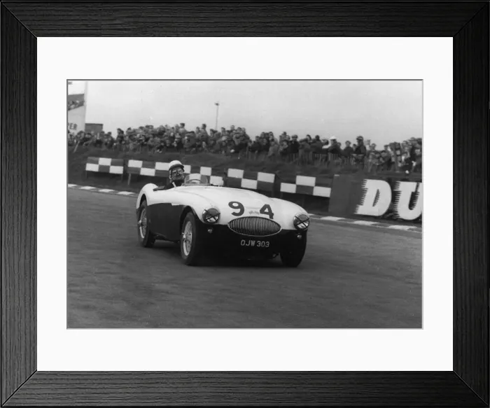 Framed Print : 1955 Austin - Healey 100S, driven by Crabbe at Brands Hatch. Creator: Unknown Framed Print : 1955 Austin - Healey 100S, driven by Crabbe at Brands Hatch. Creator: Unknown