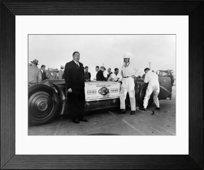 Framed Print : Henry Segrave and Golden Arrow at Daytona 1929 promoting Opex Lacquer. Creator: Unknown Framed Print : Henry Segrave and Golden Arrow at Daytona 1929 promoting Opex Lacquer. Creator: Unknown
