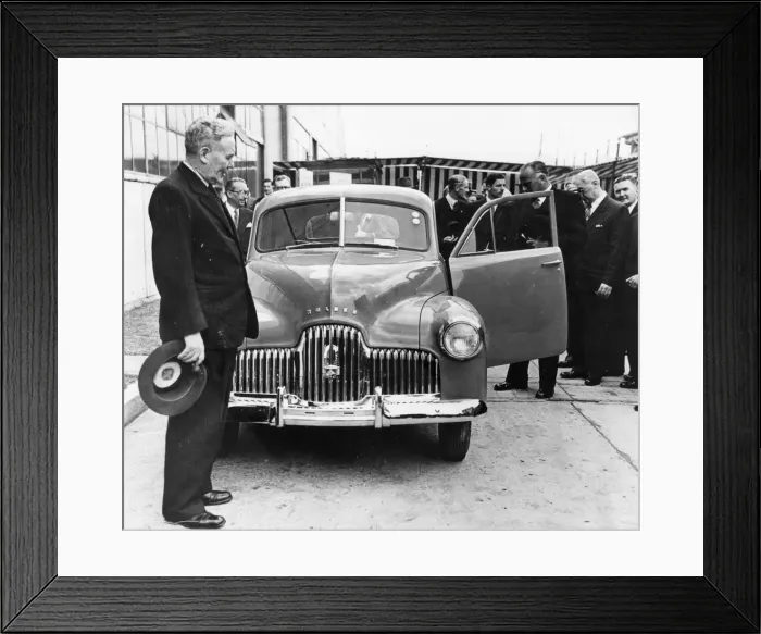 Framed Print : 1948 Holden 48-215 with Australian Prime Minister J. B. Chifley. Creator: Unknown Framed Print : 1948 Holden 48-215 with Australian Prime Minister J. B. Chifley. Creator: Unknown