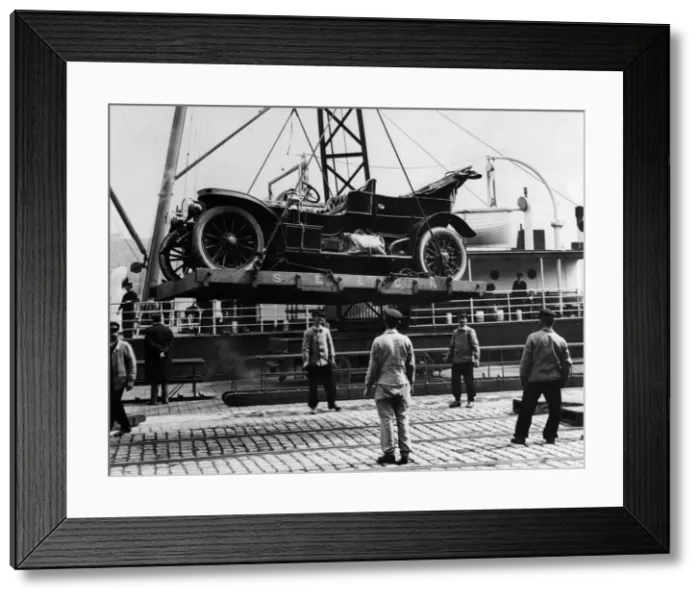 Framed Print : 1909 Car being loaded on to ship at Boulogne. Creator: Unknown Framed Print : 1909 Car being loaded on to ship at Boulogne. Creator: Unknown