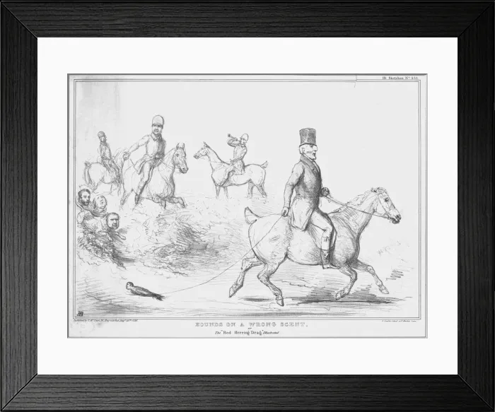 Framed Print : Hounds on a Wrong Scent, or the Red Herring Drag illustrated, 1836. Creator: John Doyle Framed Print : Hounds on a Wrong Scent, or the Red Herring Drag illustrated, 1836. Creator: John Doyle