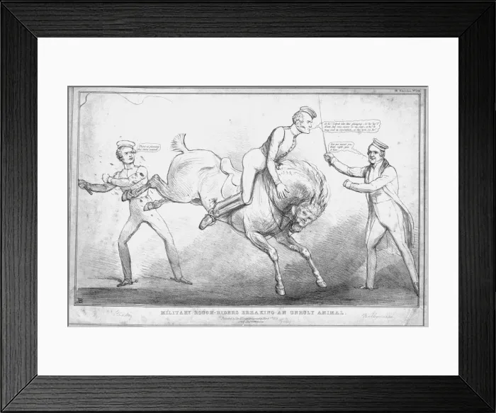 Framed Print : Military Rough-Riders Breaking an Unruly Animal, 1833. Creator: John Doyle Framed Print : Military Rough-Riders Breaking an Unruly Animal, 1833. Creator: John Doyle