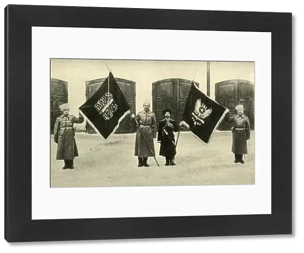 Russian soldiers with captured Turkish flags, First World War, 1915-1916, (c1920)