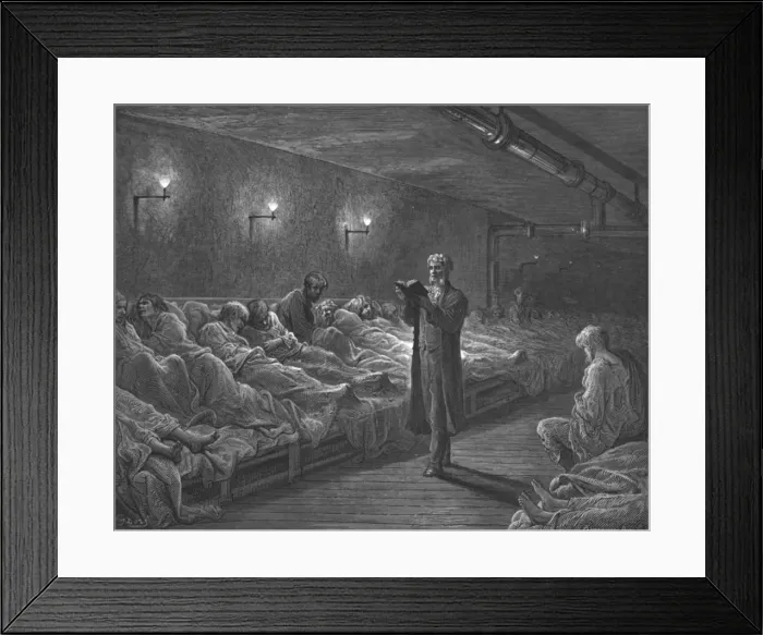 Framed Print : Scripture Reader in a Night Refuge, 1872. Creator: Gustave Doré Framed Print : Scripture Reader in a Night Refuge, 1872. Creator: Gustave Doré