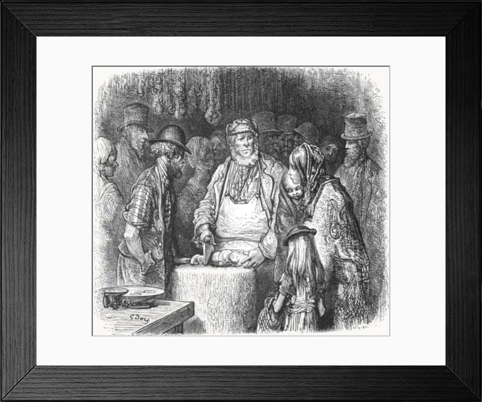 Framed Print : The Butcher - Newport Market Alley, 1872. Creator: Gustave Doré Framed Print : The Butcher - Newport Market Alley, 1872. Creator: Gustave Doré