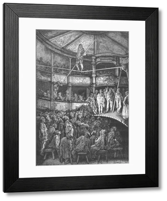 Framed Print : Blondin at Shoreditch, 1872. Creator: Gustave Doré Framed Print : Blondin at Shoreditch, 1872. Creator: Gustave Doré