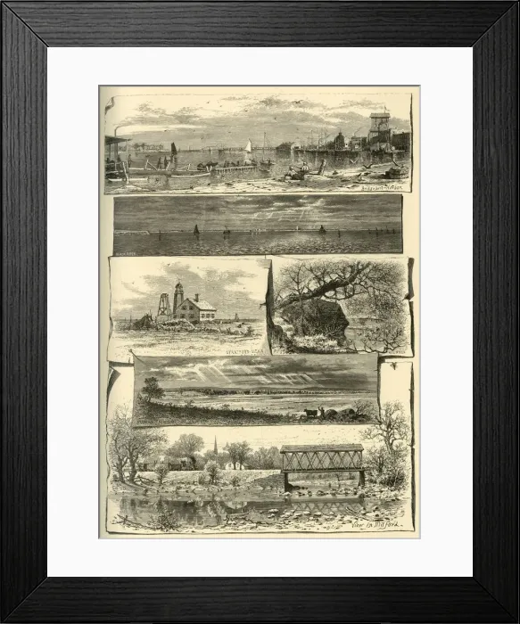 Framed Print : Scenes in Bridgeport, Stratford, and Milford, 1874. Creator: James L. Langridge Framed Print : Scenes in Bridgeport, Stratford, and Milford, 1874. Creator: James L. Langridge