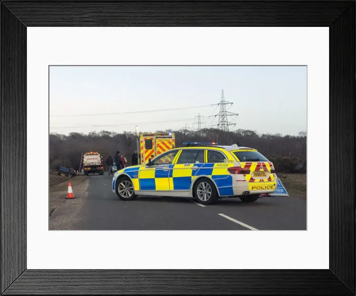 Framed Print : Police car and ambulance attending road traffic accident 2018. Creator: Unknown Framed Print : Police car and ambulance attending road traffic accident 2018. Creator: Unknown
