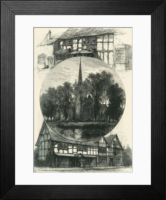 Framed Print : Stratford Church, and Shakespeares House, As It Was and As It Is, c1870 Framed Print : Stratford Church, and Shakespeares House, As It Was and As It Is, c1870