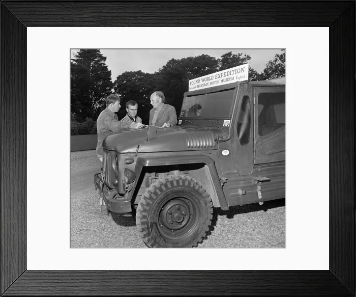 Framed Print : Austin Champ at Beaulieu 1968 Lord Montagu with James Mathieson and Barry Hale. Creator: Unknown Framed Print : Austin Champ at Beaulieu 1968 Lord Montagu with James Mathieson and Barry Hale. Creator: Unknown