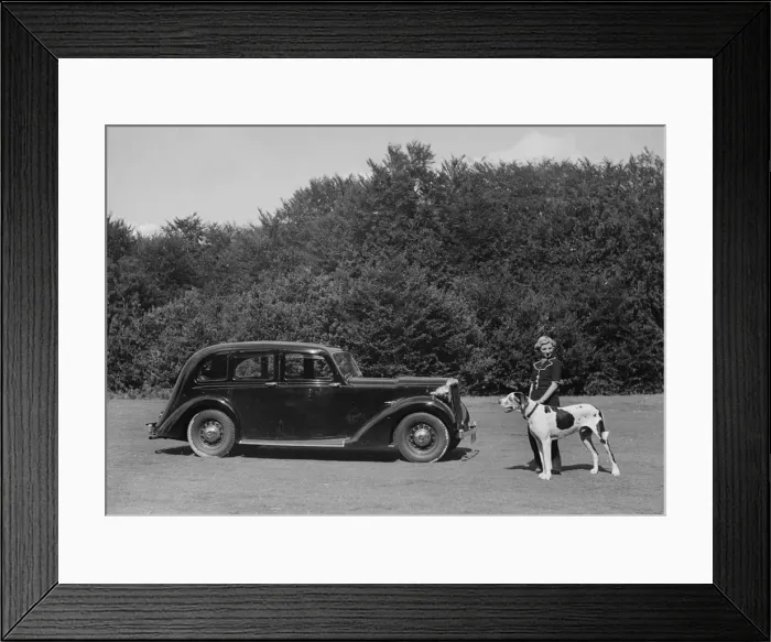 Framed Print : 1938 Daimler DB18 with lady and her pet dog. Creator: Unknown Framed Print : 1938 Daimler DB18 with lady and her pet dog. Creator: Unknown