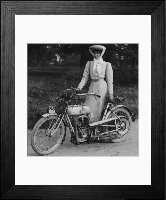 Framed Print : 1906 Rex with motorcyclist Muriel Hind. Creator: Unknown Framed Print : 1906 Rex with motorcyclist Muriel Hind. Creator: Unknown